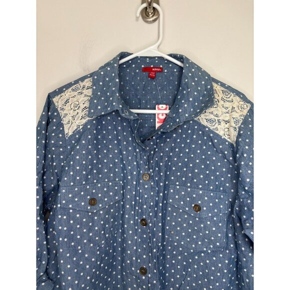 BONGO NEW Roll Tab Slv Blouse Juniors 3X Front Tie Lace Polka Dot Peasant - Picture 5 of 7